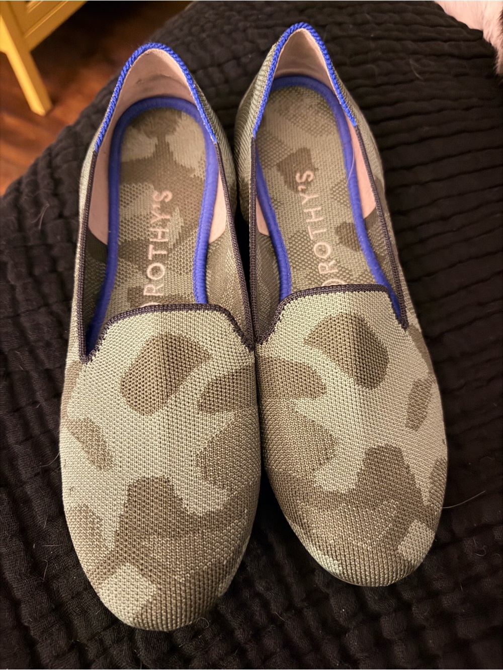 Rothy's Olive Camo Loafers with Blue Trim